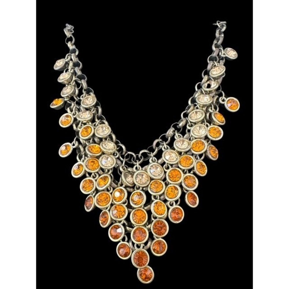 Vintage 1990s Gold-Tone Bib Necklace Amber Rhinestones Statement Costume Jewelry